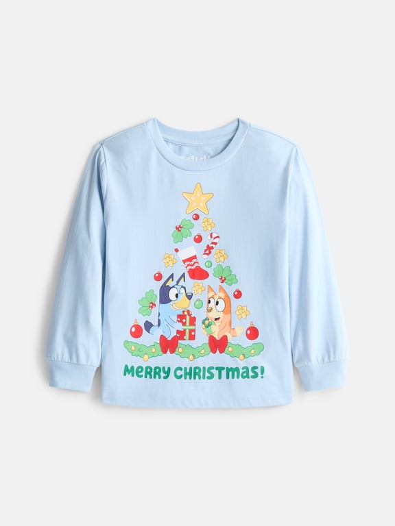 Bluey Baby and Toddler Girls Holiday Graphic Tee with Long Sleeves, Sizes 12M-5T