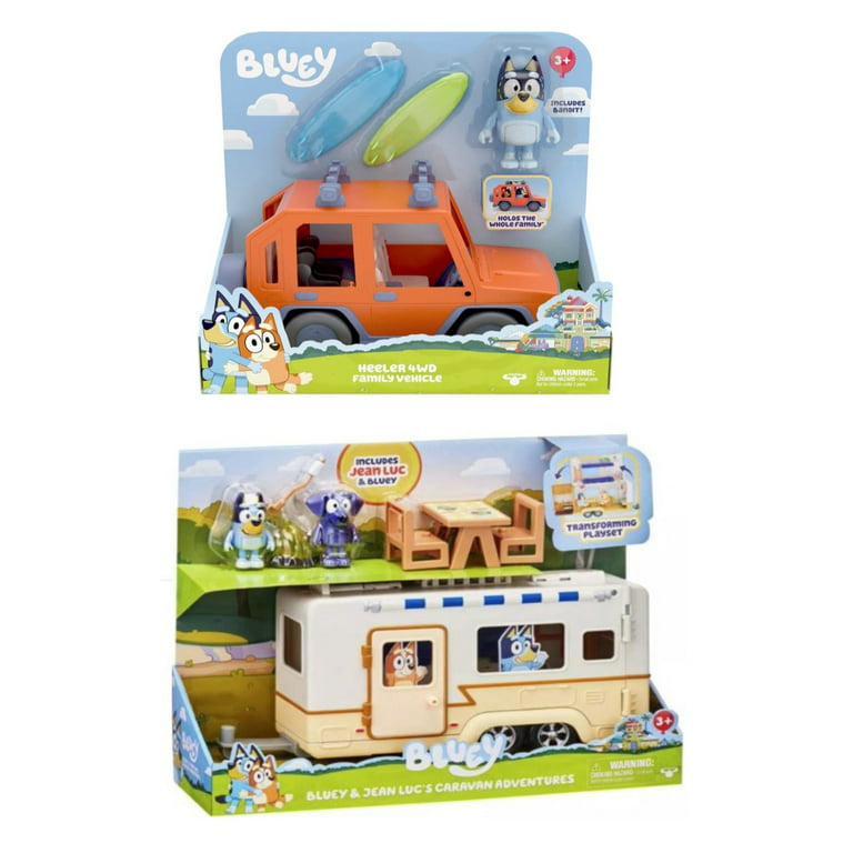 Bluey & Jean Luc's Caravan Camper Adventure and Bluey Jeep Playsets 2pc
