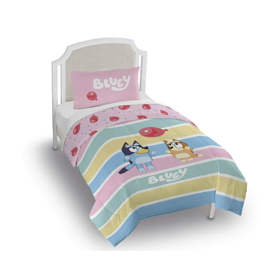 Bluey Balloon Party Kids 2 Piece Pink Reversible Comforter and Pillowcase Set, Twin/Full