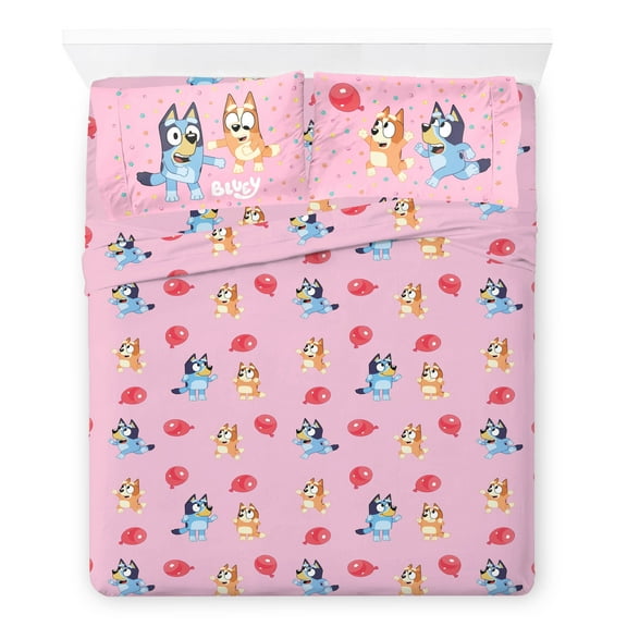 Bluey Balloon Party Kids 4 Piece Pink Bed Sheet Set, Full