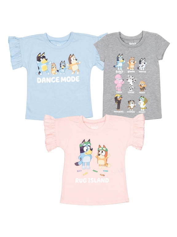 Little Girls' 3-Pack Short Sleeve T-Shirts Blue Grey Pink
