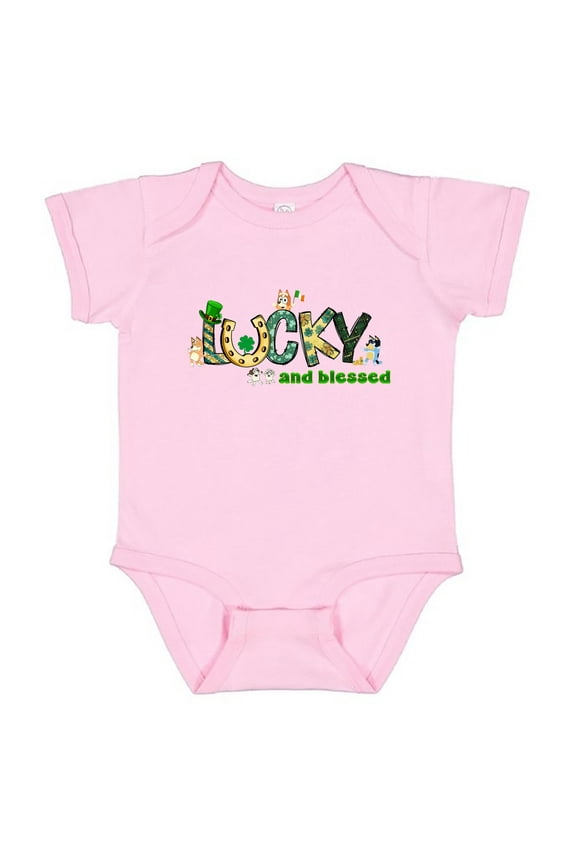 Bluey Lucky And Blessed Baby Bodysuit Bluey Happy St. Patrick'S Day Baby Bodysuit Four Leaf Clover, Lucky Shamrock, Blue Dog St. Patricks Family Blue Dog, Bluey Shamrock Baby shower gift, Baby Clothes