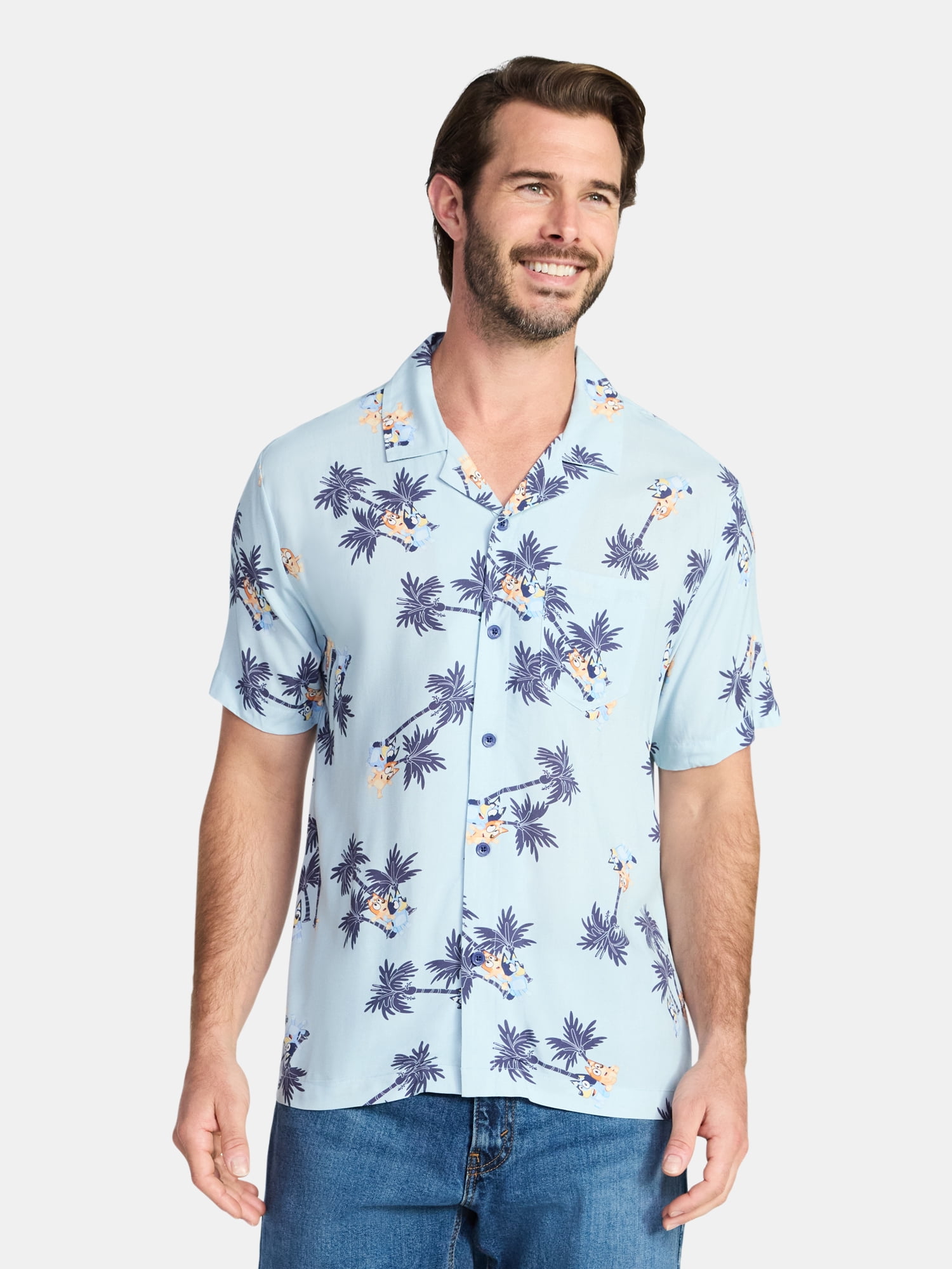 Bluey Men's and Big Men's Graphic Button-Up Shirt, Sizes XS-5XL