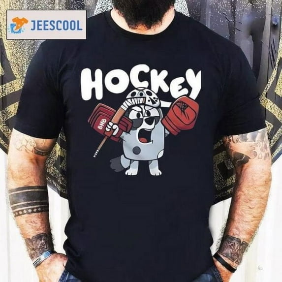 Bluey Muffin Hockey T-shirt, Blue Dog Cartoon Sport Shirt,Black color,size L