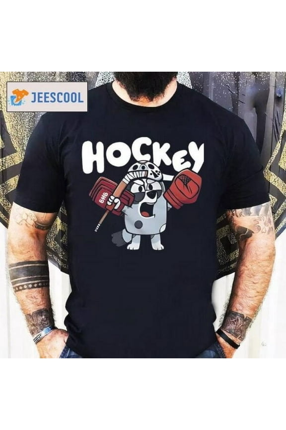 Bluey Muffin Hockey T-shirt, Blue Dog Cartoon Sport Shirt,Black color,size XL