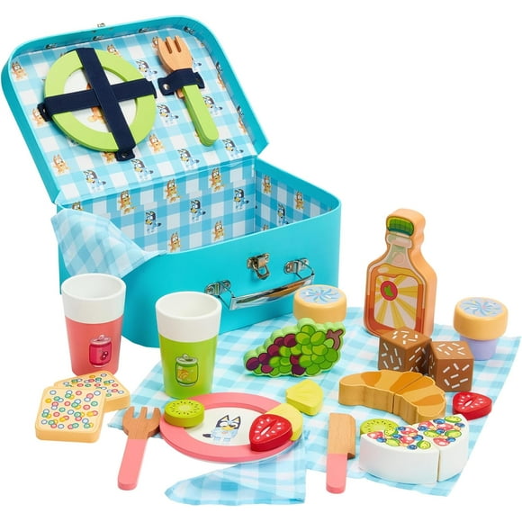 Bluey Picnic Basket Set , 30 Piece Wooden Roleplay Toy with Carry Case, Ages 3+