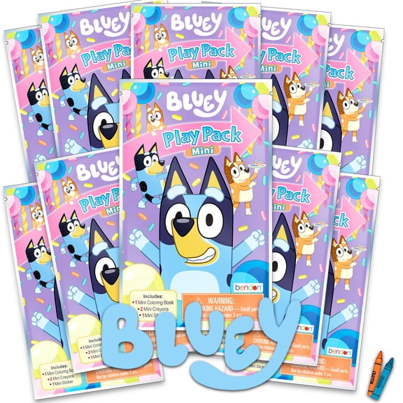 Bluey Play Packs | Goodie Bag Loot Bag Fillers | Party Favors | 10 Mini Play Packs | Bluey Coloring Pad, 2 Mini Crayons, and Sticker | 10-Pack | Officially Licensed