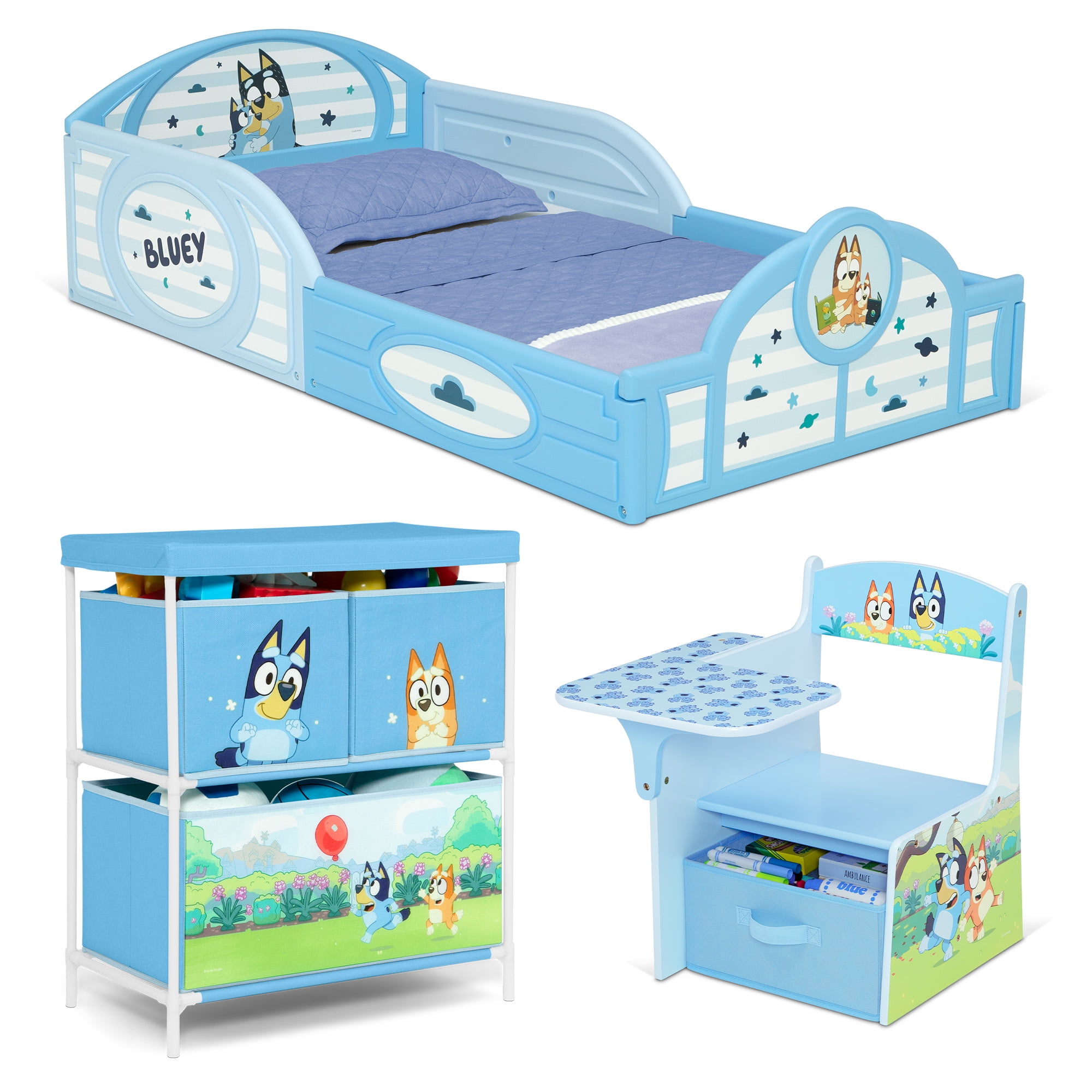 Bluey 3-Piece Toddler Bedroom Set by Delta Children - Includes Toddler Bed, Chair Desk and Toy Organizer, Blue