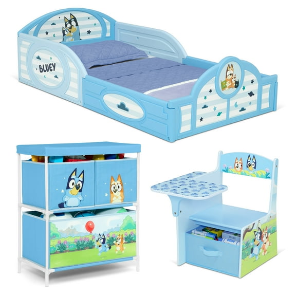 Bluey 3-Piece Toddler Bedroom Set by Delta Children - Includes Toddler Bed, Chair Desk and Toy Organizer, Blue