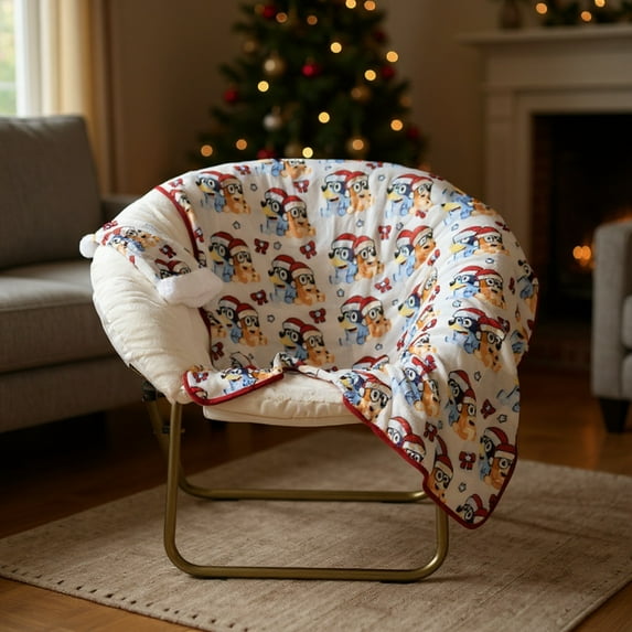 Bluey Santa Bow, Kids Christmas Silk Touch Throw Blanket and Matching Santa Hat, White, 40" x 50"