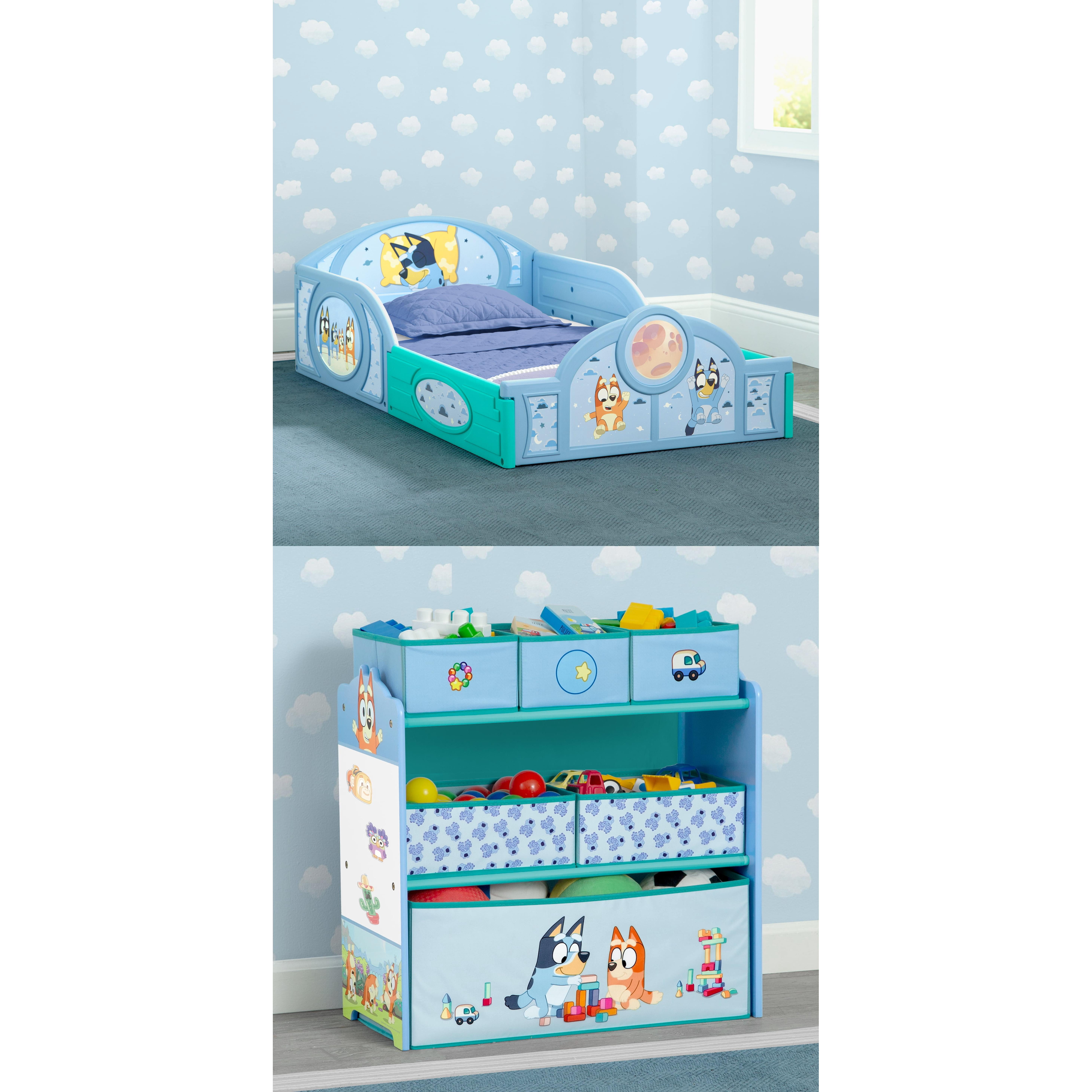 Bluey Sleep and Play Toddler Bed with Built-In Guardrails by Delta Children &Bluey Design and Store 6 Bin Toy Storage Organizer by Delta Children