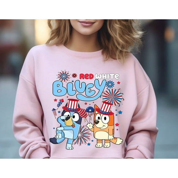 Bluey Sweatshirt, Red White Bluey Fourth of July Shirt, Day Shirt, Bluey 4th of July Shirt, Bluey Party In The USA Independence Day, Light Pink Color size M