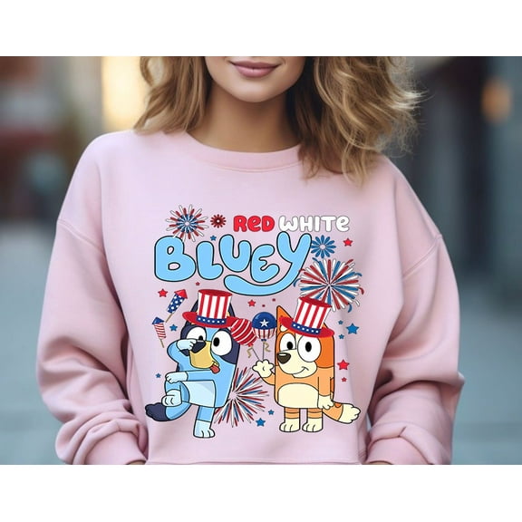 Bluey Sweatshirt, Red White Bluey Fourth of July Shirt, Day Shirt, Bluey 4th of July Shirt, Bluey Party In The USA Independence Day, Light Pink Color size S