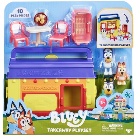 Bluey Takeaway Restaurant - Pack and Go Playset - Includes 3 Figures, 7 Accessories (11 Total Pieces)