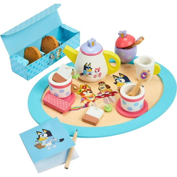 Bluey Tea Party Set, Wooden 20-Piece Pretend Play Set with Tray, Teapot, Tea Cups, Biscuits, Ages 3+