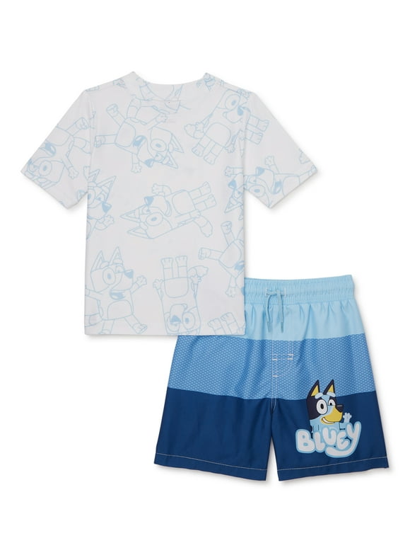 Bluey Toddler Boys’ Short Sleeve Rashguard and Swim Trunks Set with UPF 50+, 2-Piece, Sizes 12M-4T