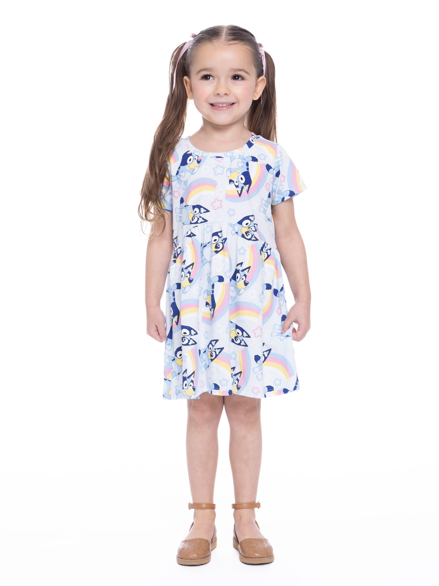 Bluey Toddler Girl Allover Print Dress with Short Sleeves, Sizes 12M-5T