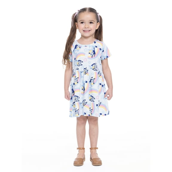 Bluey Toddler Girl Allover Print Dress with Short Sleeves, Sizes 12M-5T