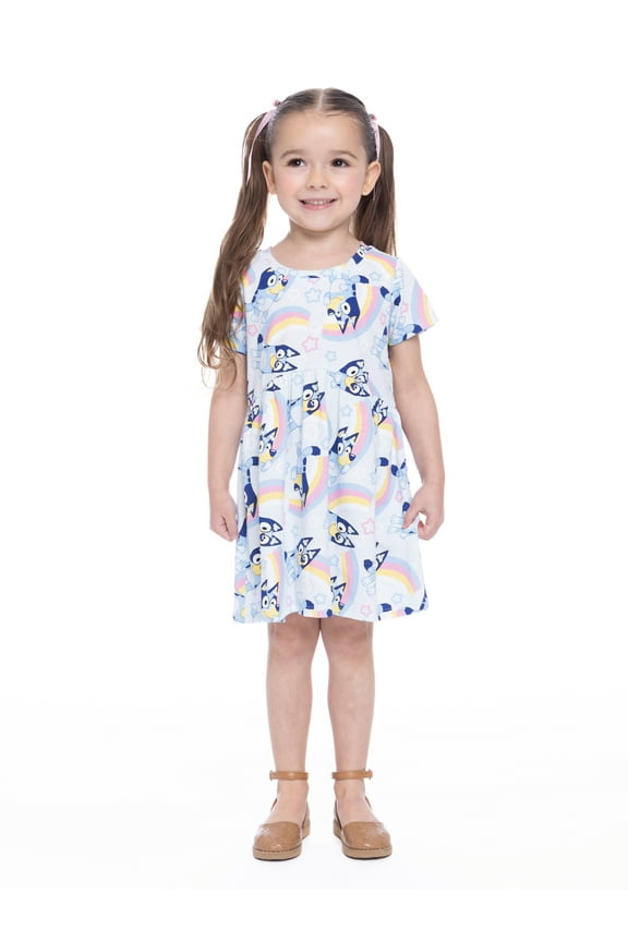 Bluey Toddler Girl Allover Print Dress with Short Sleeves, Sizes 12M-5T