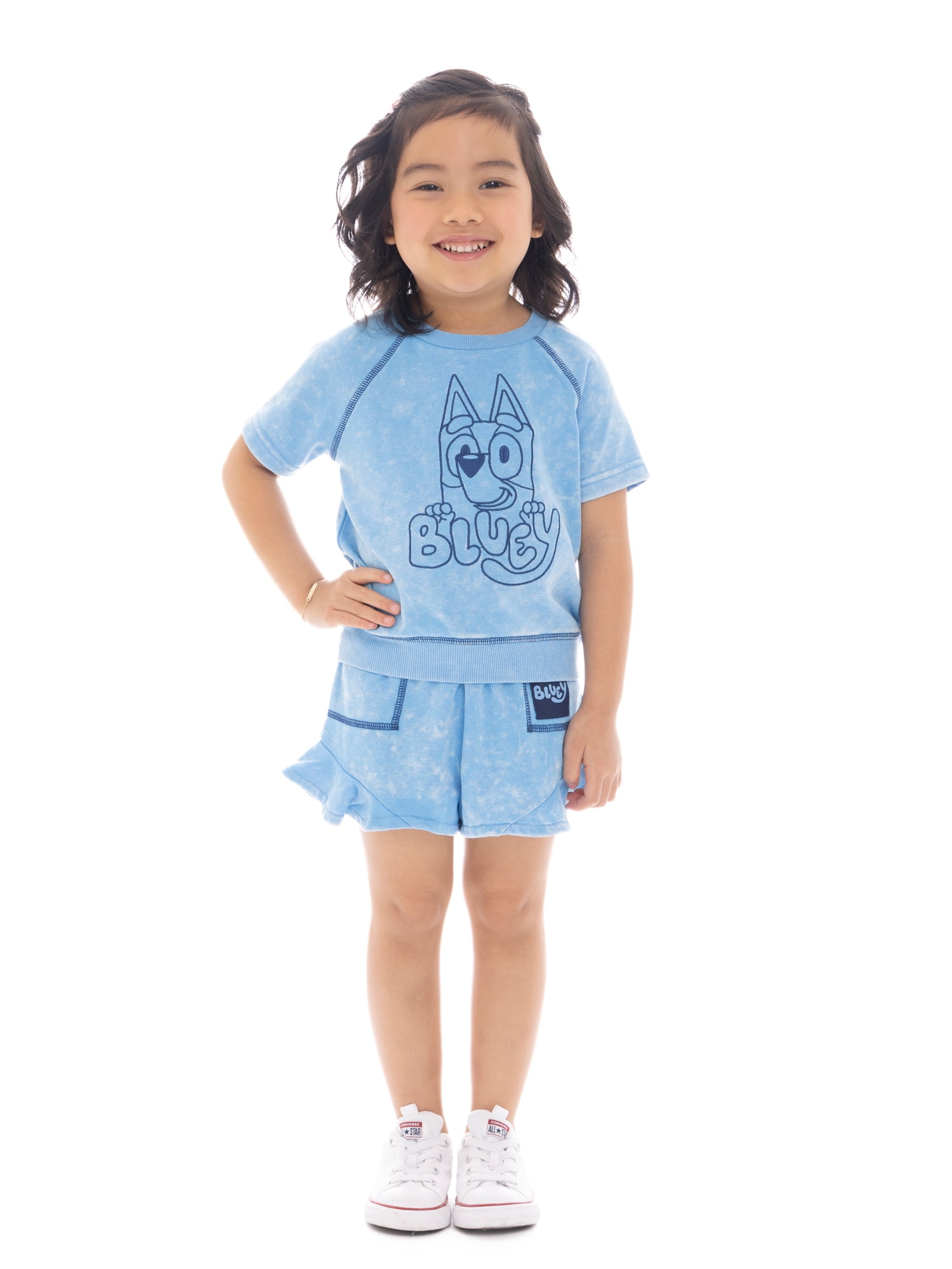 Bluey Toddler Girls' Embroidered Graphic Top and Ruffle Shorts Set, 2-Piece, Sizes 12M-5T
