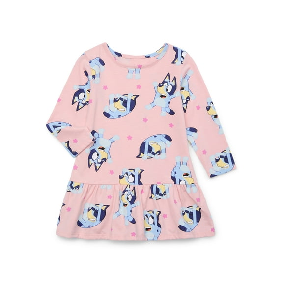 Bluey Toddler Girl Print Drop Waist Dress with Long Sleeves, Sizes 12M-5T