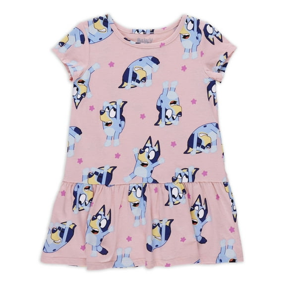 Bluey Toddler Girl Short Sleeve Drop Waist All Over Print Dress, Sizes 12M-5T