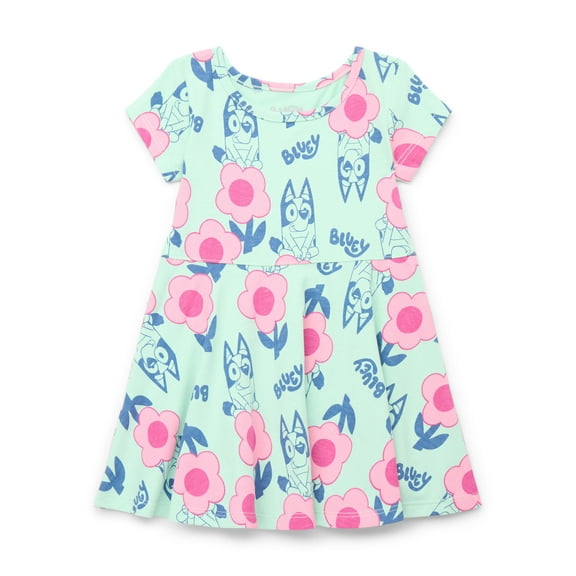 Bluey Toddler Girls Flower Print Dress with Short Sleeves, Sizes 12M-5T
