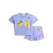 Bluey Toddler Girls' Short Sleeve Graphic Tee and Matching Ruffle Shorts Set, 2-Piece, Sizes 12M-5T