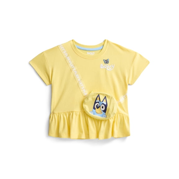 Bluey Toddler Girls Short Sleeve Peplum Tee with 3-D Bag, Sizes 12M-5T