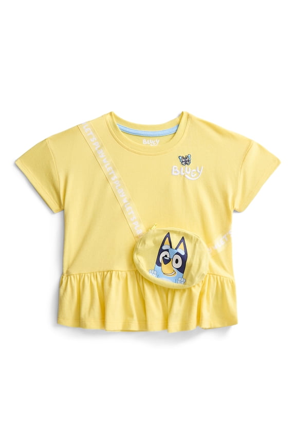 Bluey Toddler Girls Short Sleeve Peplum Tee with 3-D Bag, Sizes 12M-5T