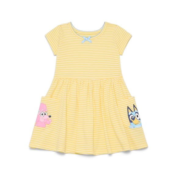 Bluey Toddler Girl Short Sleeve Striped Dress with Graphic Pockets, Sizes 12M-5T