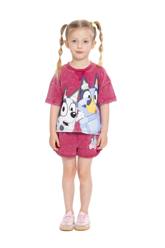 Bluey Toddler Girls Washed Crewneck Graphic Top and Shorts Set, 2-Piece, Sizes 12M-5T