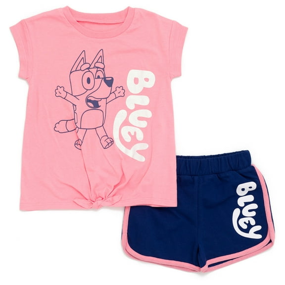 Bluey Toddler Girls T-Shirt and Active Retro Dolphin French Terry Shorts Outfit Set Toddler to Little Kid