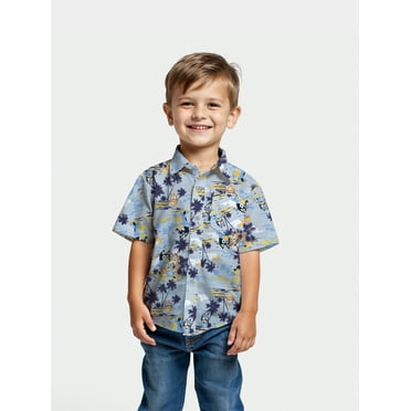 Bluey and Bingo Boys Short Sleeve Tropical Graphic Button-Up Cotton Tee, Sizes 4-18