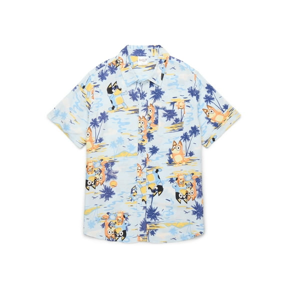 Bluey and Bingo Boys Short Sleeve Tropical Graphic Button-Up Cotton Tee, Sizes 4-18