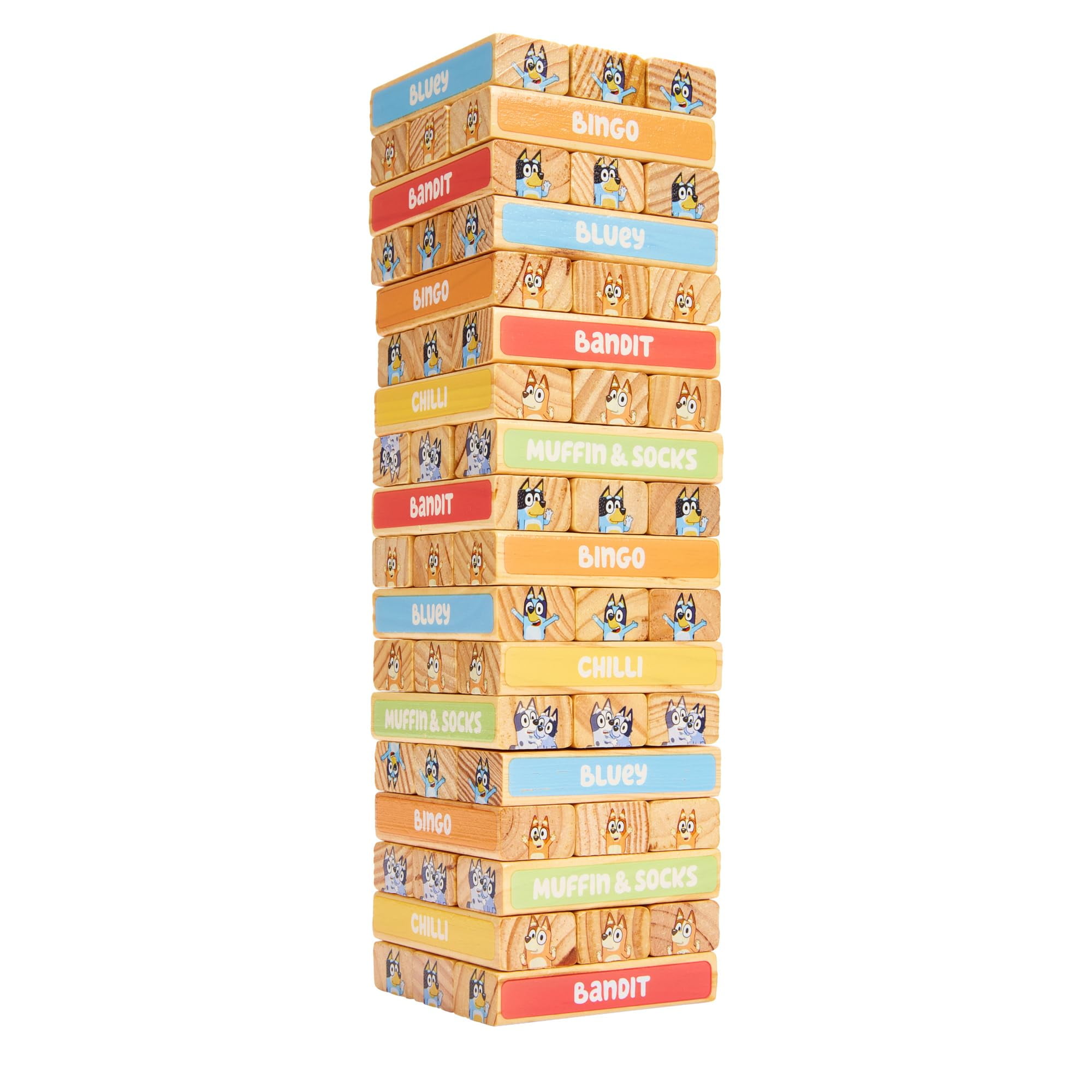 Bluey Tumbling Tower 54 Colorful Wooden Blocks Fun Family Game , Ages 3+