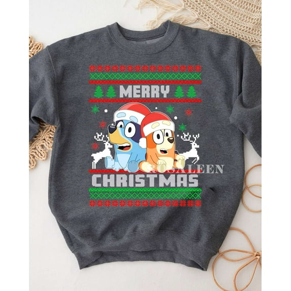 Bluey Ugly Christmas Sweatshirt, Bluey & Bingo Merry Christmas Shirt, Royal Blue Color, Size 3XL