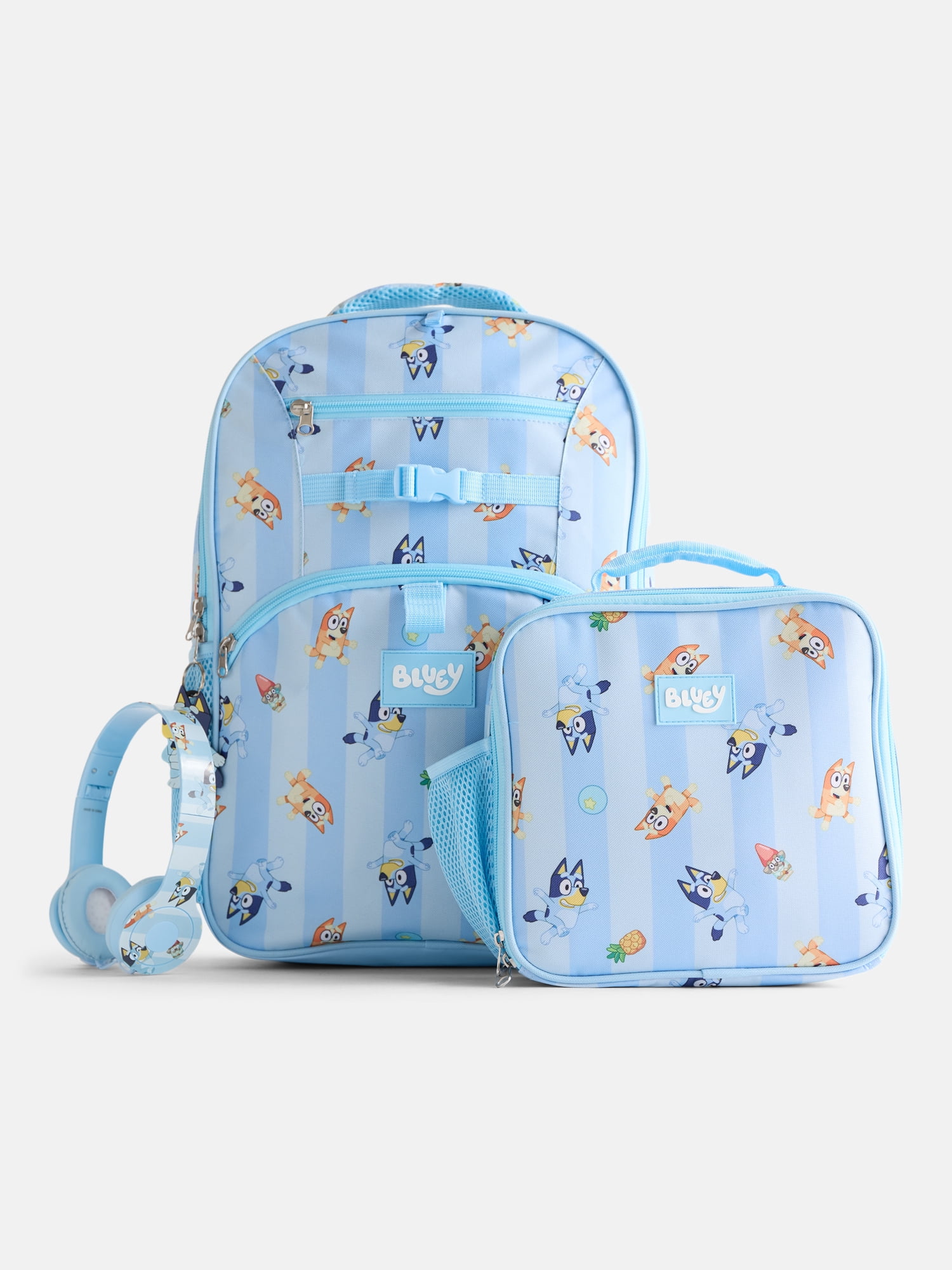 BBC Bluey Unisex Striped Sister Dance Backpack Set with Lunch Bag and Headphones, 3 Piece