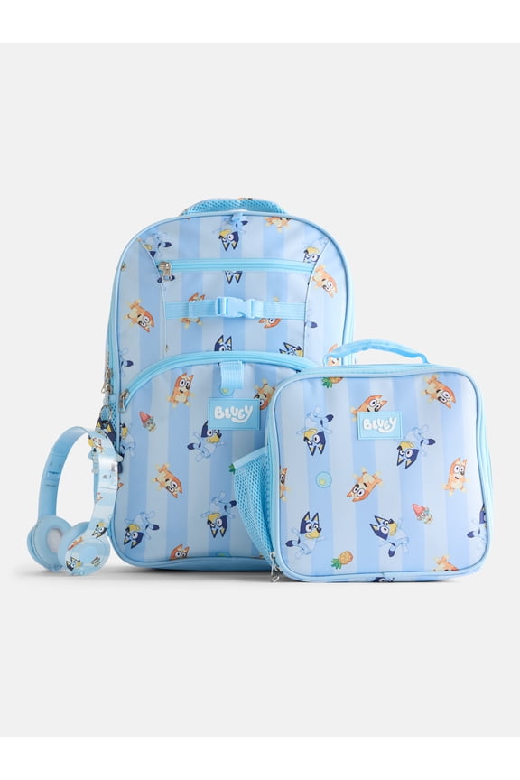 BBC Bluey Unisex Striped Sister Dance Backpack Set with Lunch Bag and Headphones, 3 Piece
