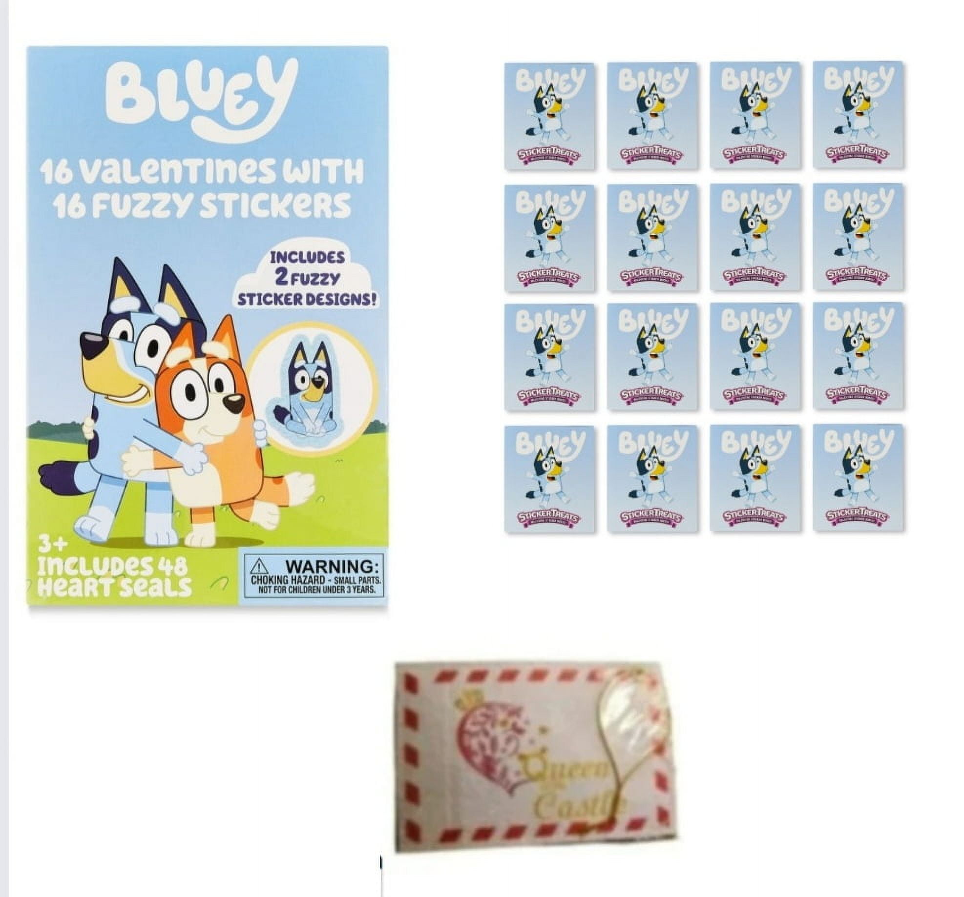 Bluey Valentine Classroom Exchange Cards with Fuzzy Stickers, Valentine's Day 16 count and 16 Bluey Mini Fruit Snacks with Queen of the Castle Gift Tag