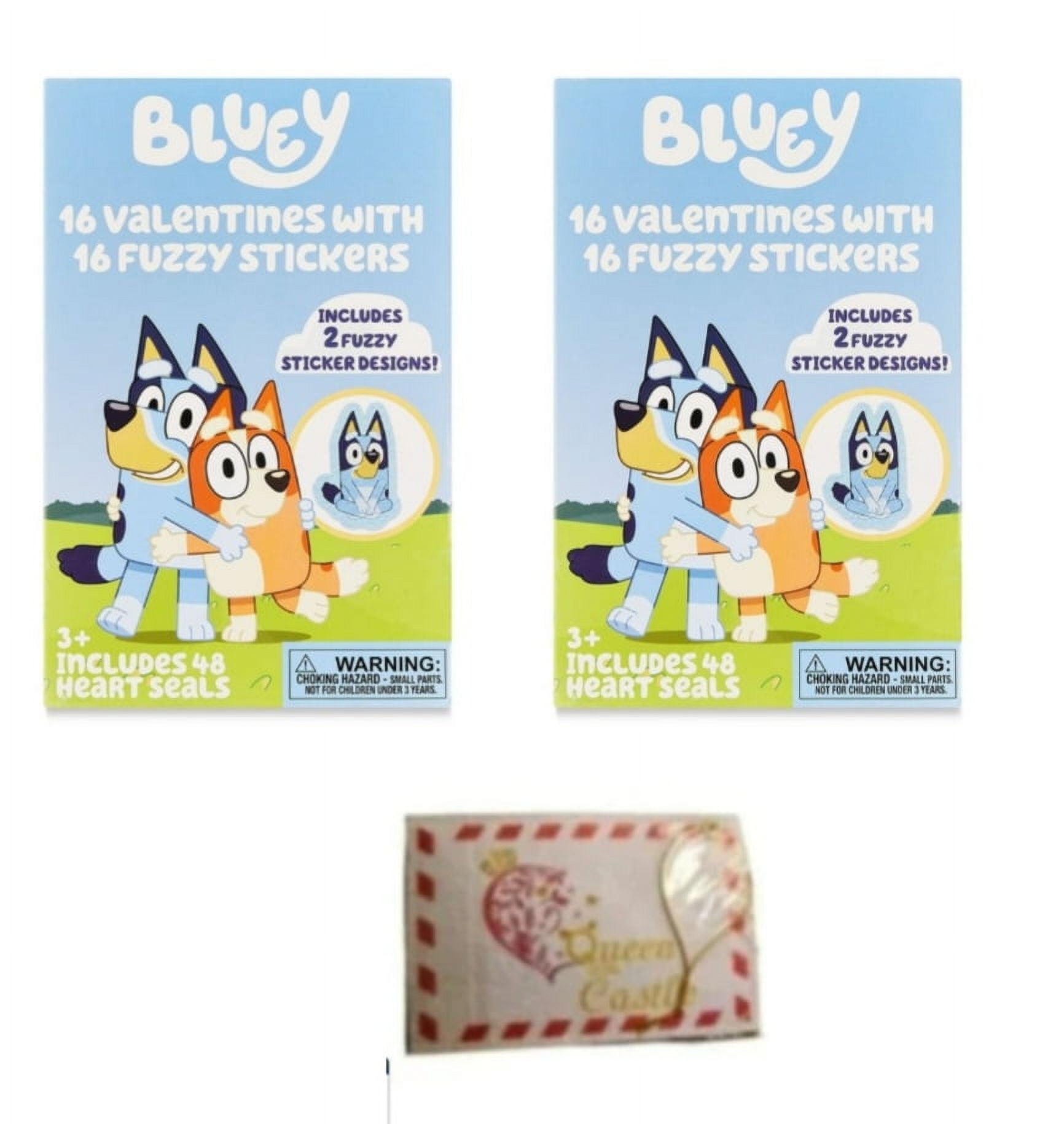 Bluey Valentine Greeting Card Set with Fuzzy Stickers, Valentine's Day Classroom Friendship Exchange 32 Count and Queen of the Castle Gift Tag