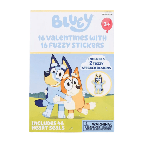 Bluey Valentine's Day Exchange Cards, 16-Count with Fuzzy Stickers for Kids & Classroom