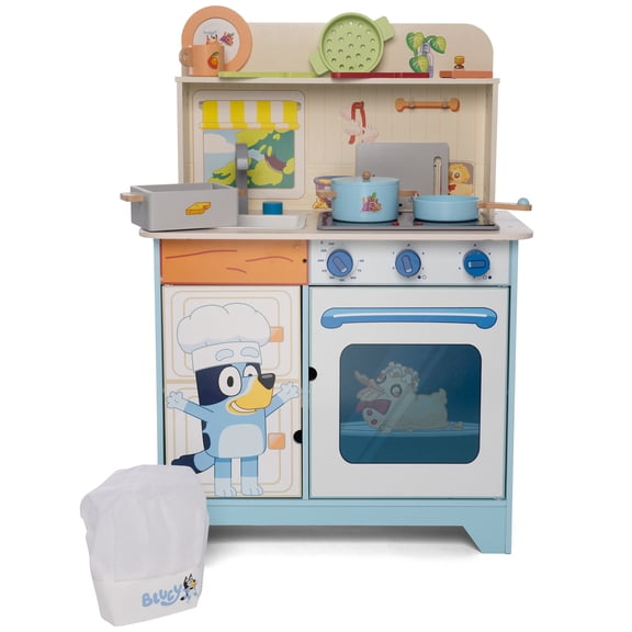 Bluey: Wooden Floor Standing Kitchen Playset - 12pc Lights & Sounds Cooking Station Toy, Oven-Stove-Sink-Washer, Chef Roleplay Accessories, Kids 3+