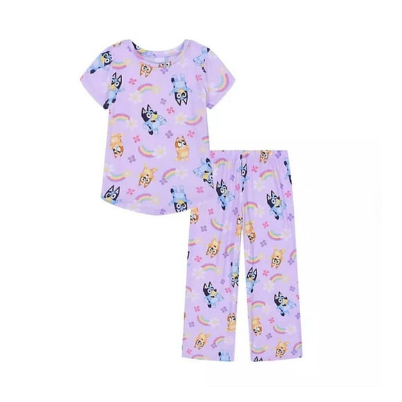 Bluey and Bingo Girl's Lilac Purple Floral and Rainbow Short-Sleeved Pajama Set, Size 6