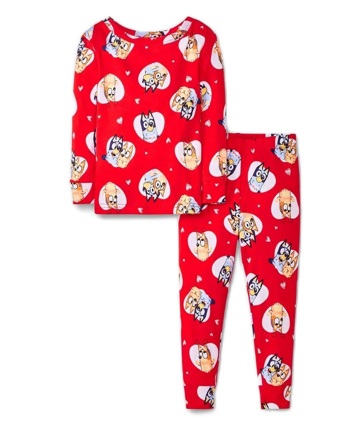 Bluey and Bingo Toddler Kids Hearts Valentines Cotton Pajama Set in Red, Size 2T