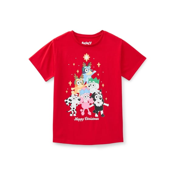Bluey and Friends Christmas Girls Graphic Tee with Short Sleeves, Sizes 4-16