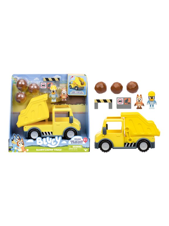 Dump Truck Play Vehicle with Exclusive Hard-Hat Bluey and Muddy Bingo, Toys for Kids 3-6 Years