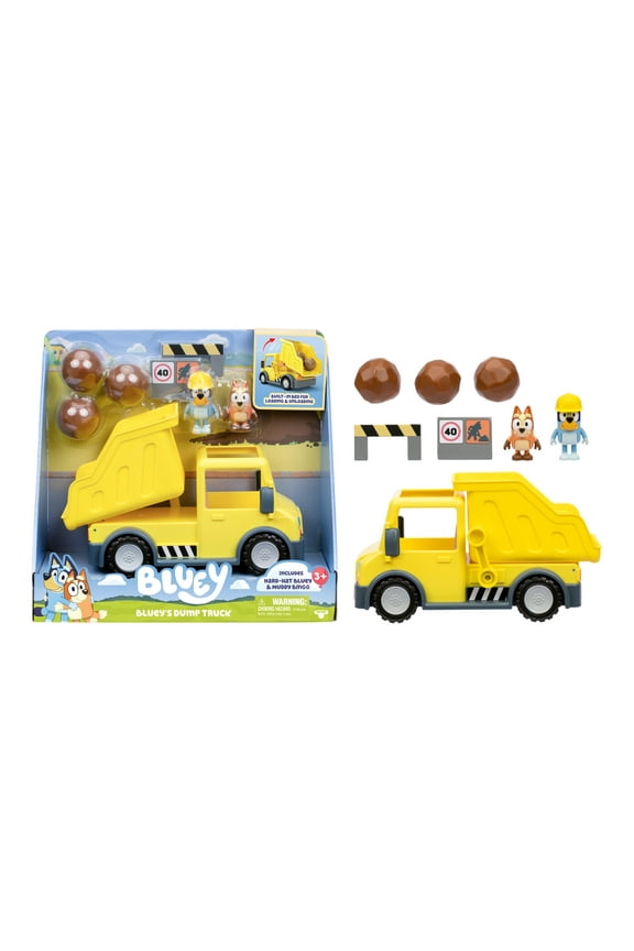Dump Truck Play Vehicle with Exclusive Hard-Hat Bluey and Muddy Bingo, Toys for Kids 3-6 Years