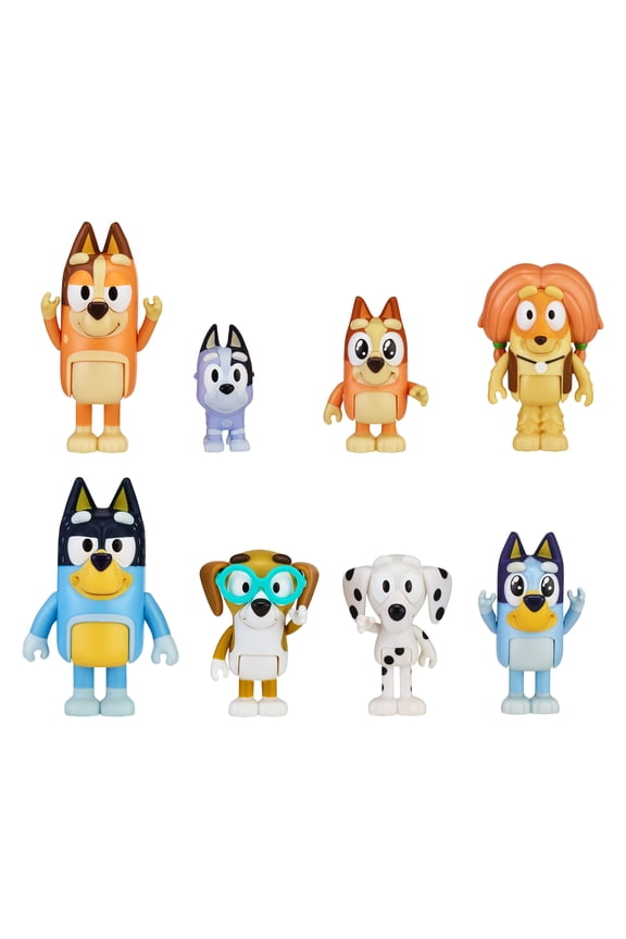 's Family and Friends - 8 Pack - 2.5-3" Bluey, Bingo, Chilli (Mum) and Dad (Bandit), Honey, Socks, Chloe and Indy Figures