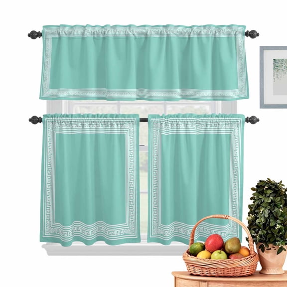 Bluish Green Abstract Art Kitchen Curtains Valances 3 Piece Set, Geometric Greek Key Country Farm Rod Pocket Tier Curtain and Valance Drapes for Small Window 24 Inch Length for Bedroom Cafe
